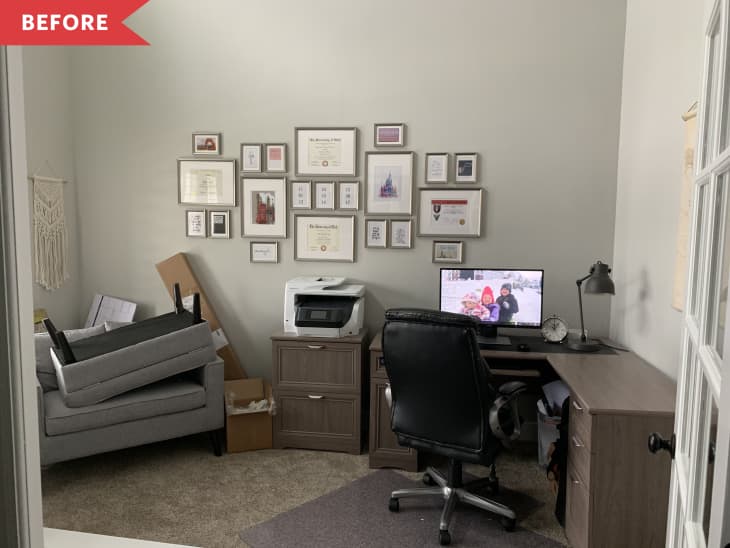 Home office with a gallery wall, desk, computer, printer, and stacked chairs. Red "Before" label in the corner.