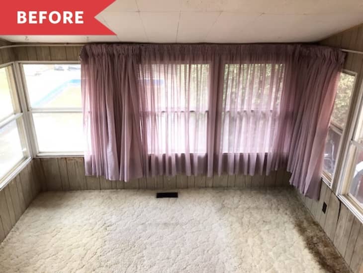 Empty room with wood panel walls, pink curtains, and beige carpet, labeled "Before" in the top left corner.