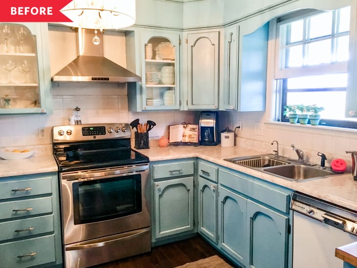 Before: Small galley kitchen with teal cabinets and tan counters