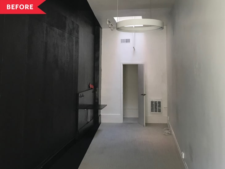 Before: Long, narrow room with a black wall on one side and white on the other