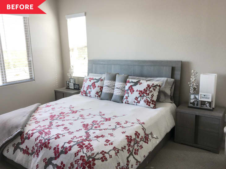 Before: Beige bedroom with gray furniture