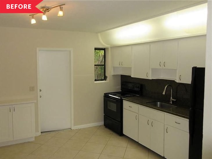 Before: kitchen with white cabinets, dark granite counters, and black appliances