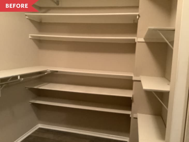 Before: beige closet with white shelves