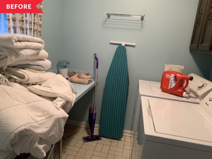 Before: dim and dated laundry room