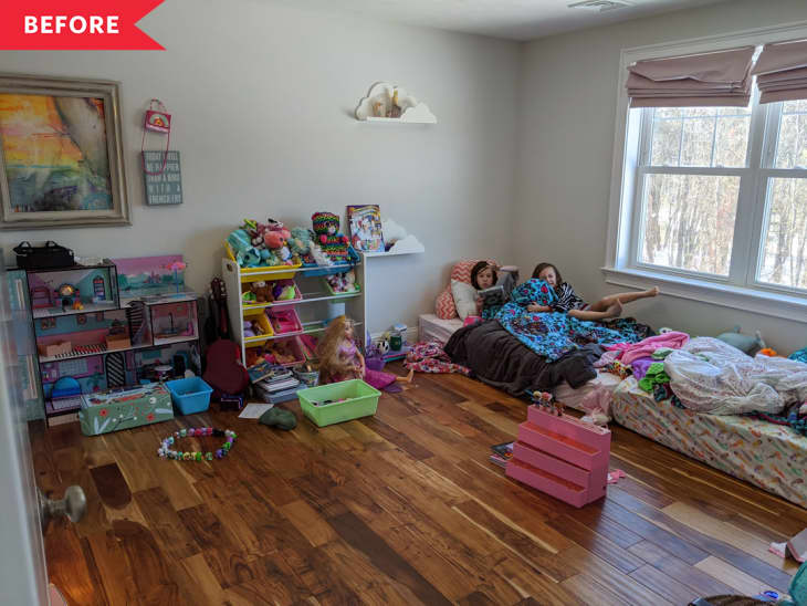 Before: bedroom with scattered toys and white walls