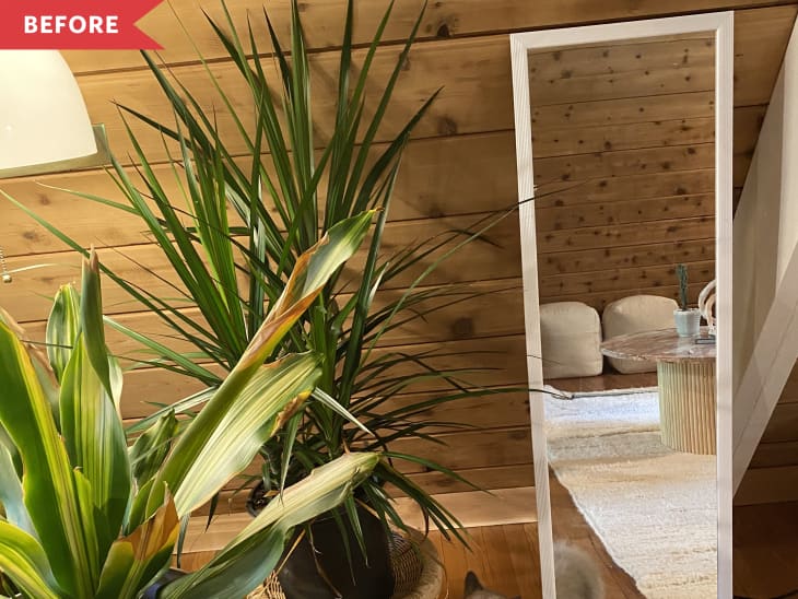 Before: Plain white-framed floor mirror