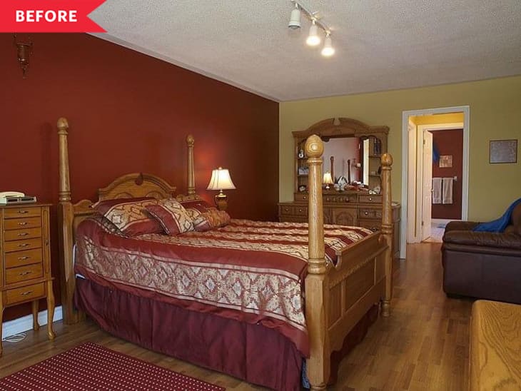 Before: Dark bedroom with red and yellow walls and an old-fashioned four-poster bed