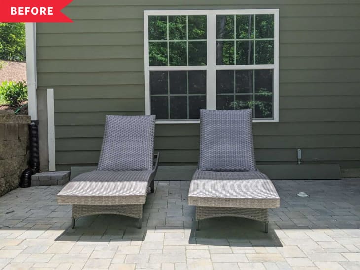 Before: Gray lounge chairs on an otherwise empty patio