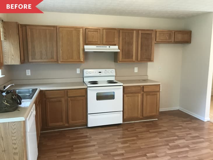 Before: beige kitchen with dark wood cabinets
