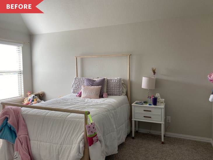 Before: mostly bare white bedroom with bed and nightstand
