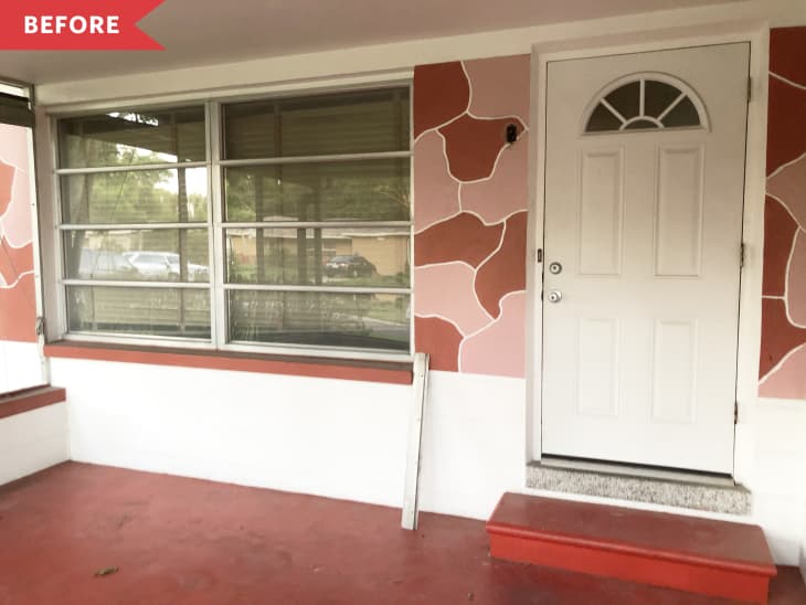 Before: red porch with pink and red camo-patterned house exterior and white door