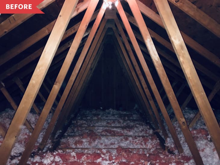 Before: Unfinished attic with angled beams