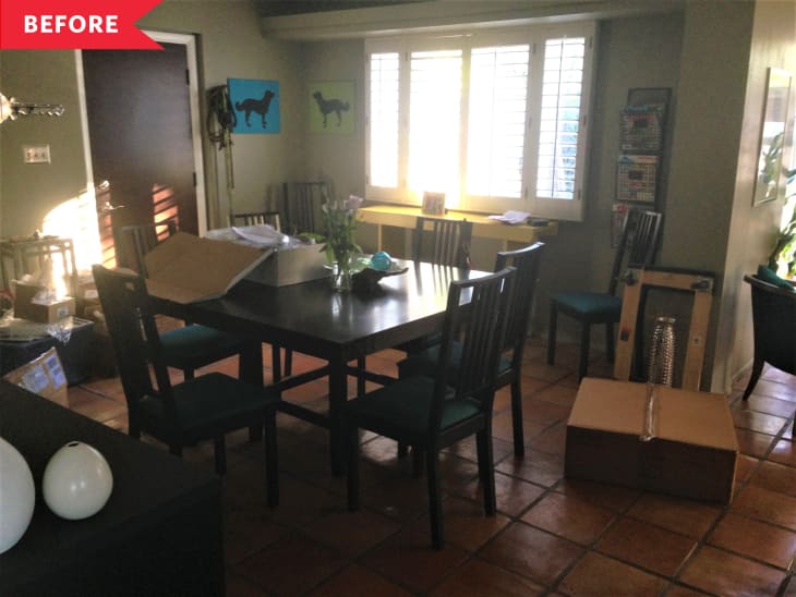 Before: Dining room with black table in front of window