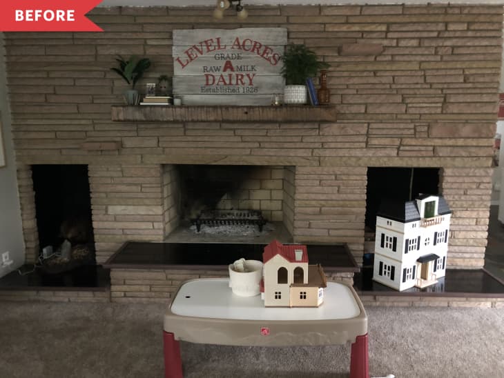 Before: pink-beige stone fireplace with a black stone hearth