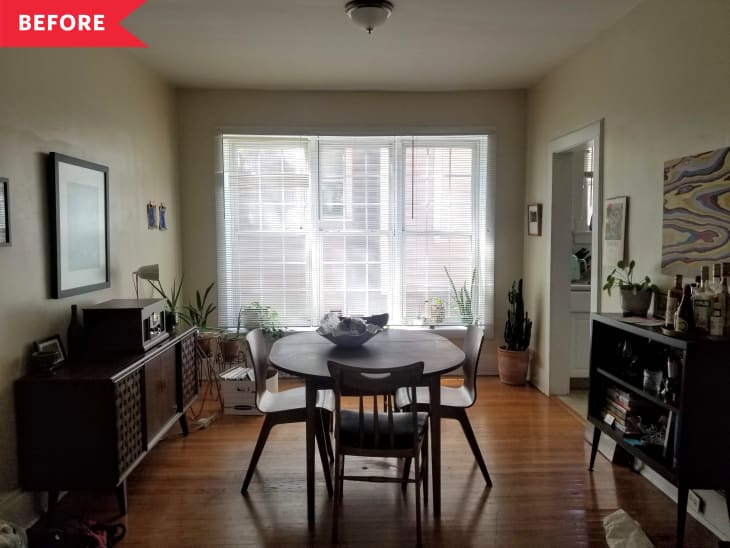 Before: Dimly lit dining room with large window