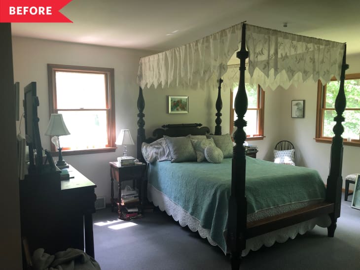 Before: Antique four-post bed with canopy in bedroom