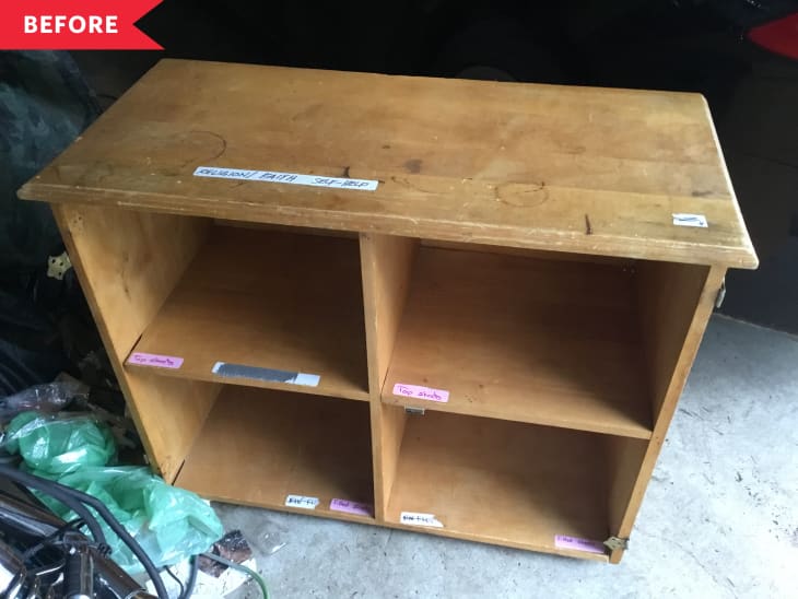 Before: scuffed-up thrifted wood shelf with four sections