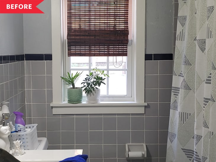 Before: Bathroom with gray tile and gray walls