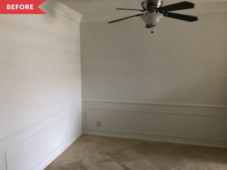 Before: A plain dining nook with a black ceiling fan, white walls, and tan floors