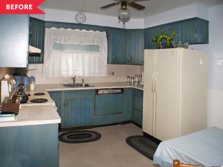 Before: Kitchen with wooden cabinets stained blue