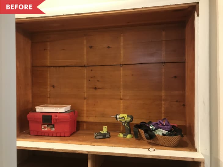 Before: Shelf with tools on it