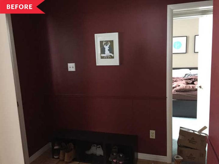 Before: Dark, cramped entryway with deep red walls