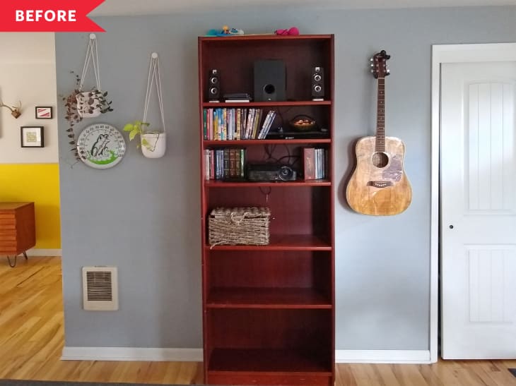 Before: Red painted bookshelf with bottom two shelves empty