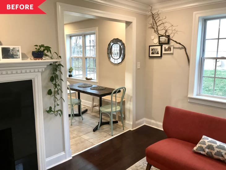 Before: view of cramped dining area from living room, with two chairs and a bench