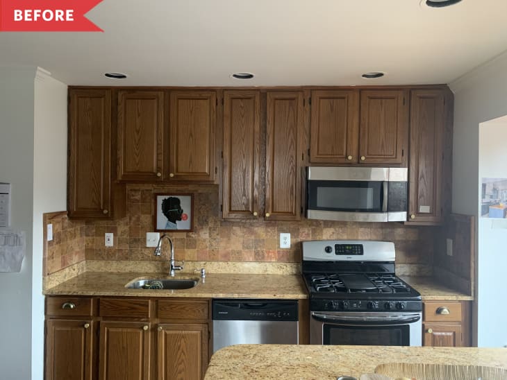 Before: kitchen with brown counters, cabinets, and backsplash