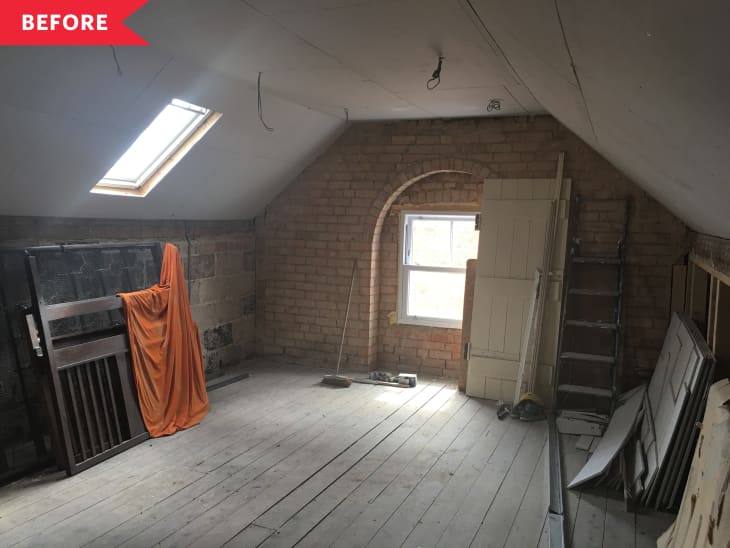 Before: attic with brick walls and dingy wood floors