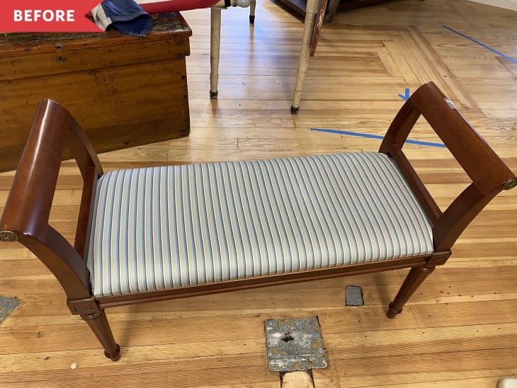 Before: Bench with dingy striped fabric upholstery