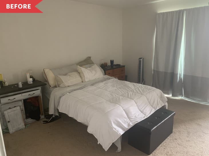 Before: Plain white bedroom with mismatched furniture