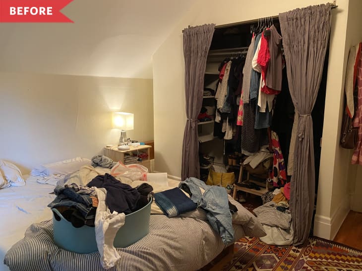 Before: Clothes piled on bed and in closet with no doors, only curtains