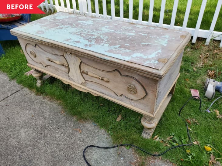 Before: wood chest with peeling paint