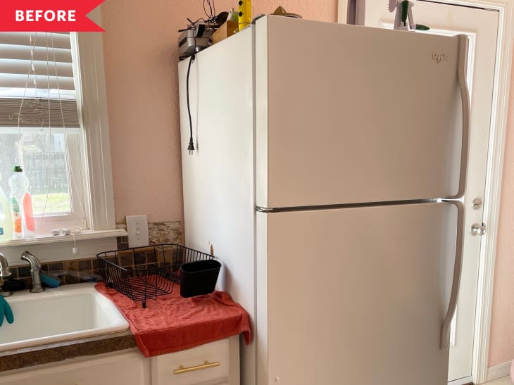 Before: Plain white fridge with rust spot on side
