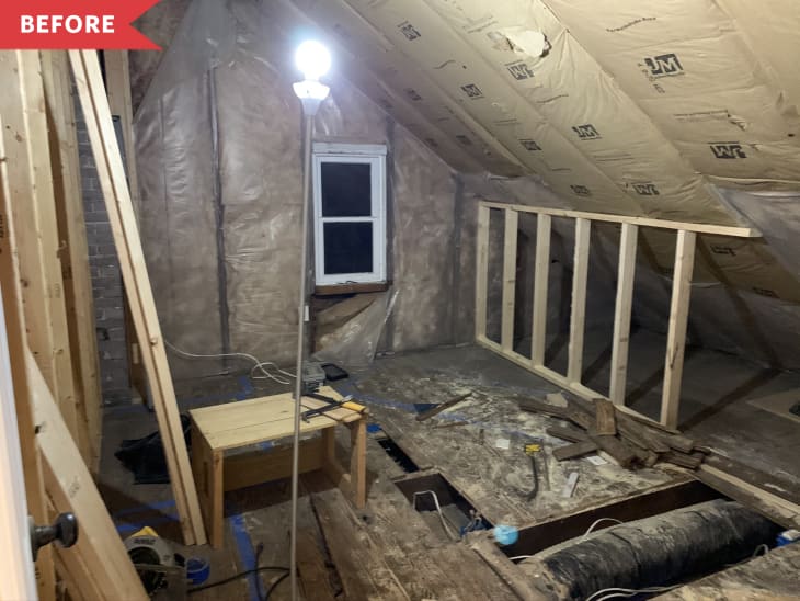 Before: Unfinished attic with slanted roof line