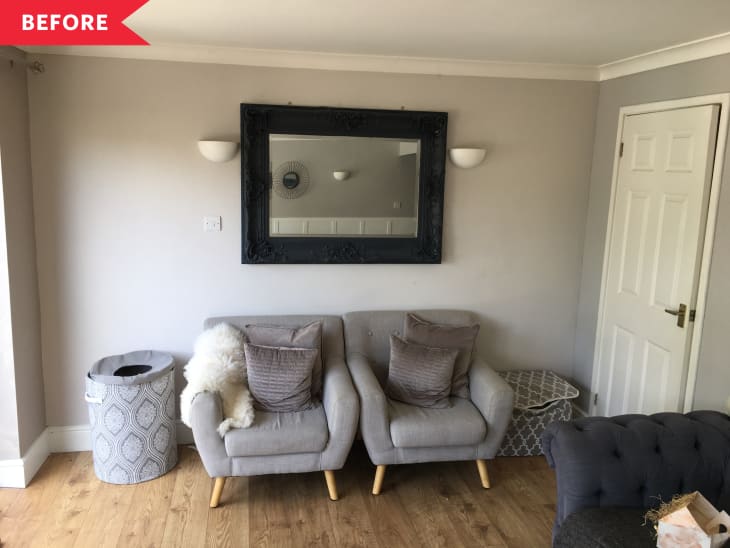 Before: Plain wall with two arm chairs in front, plus a mirror mounted on the wall