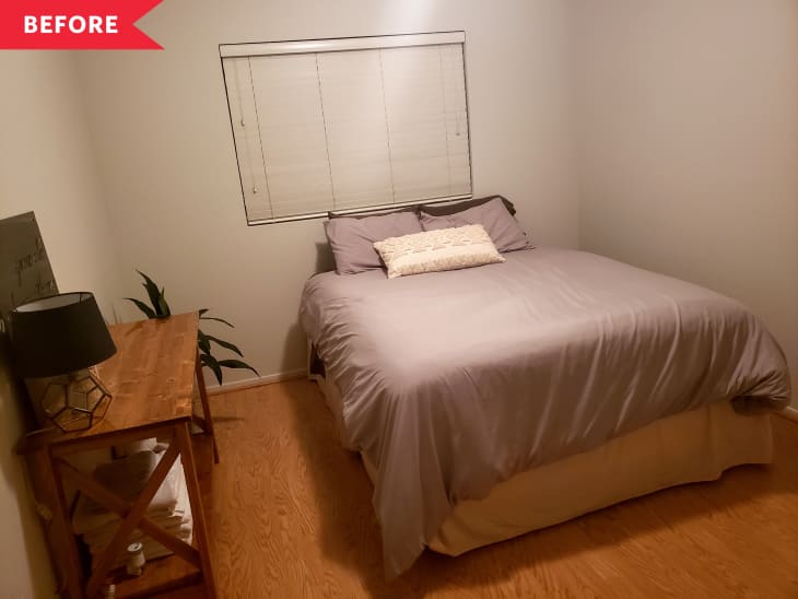 Before: White bedroom with wood floor, featuring only a bed and a table