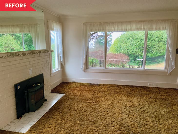 Before: Living room with gold colored shag carpet, white walls, white fireplace, and white curtains