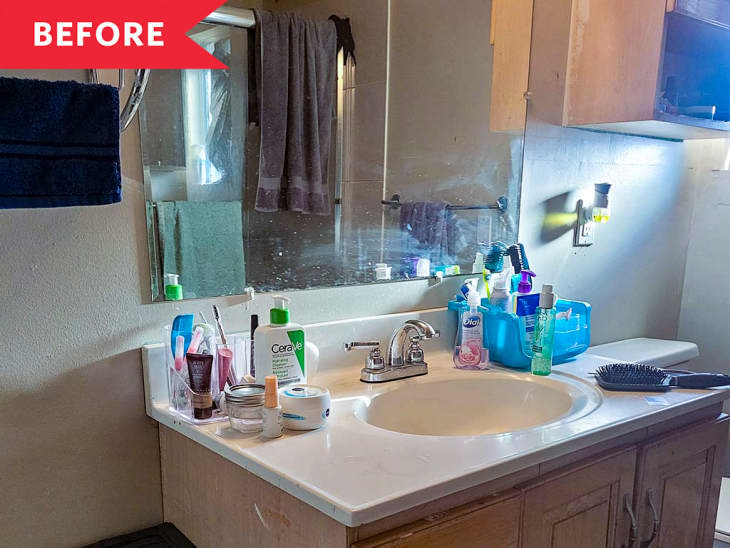 bathroom before renovation wood vanity