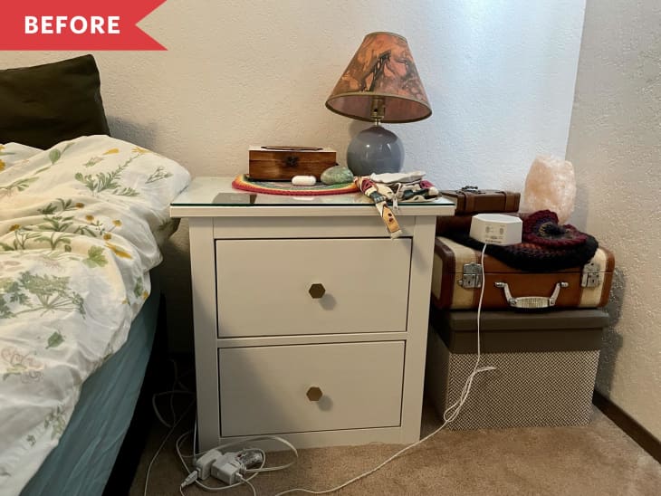 White IKEA bedside table gold pulls