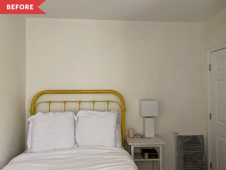 Before: Yellow-painted iron bed frame against white walls
