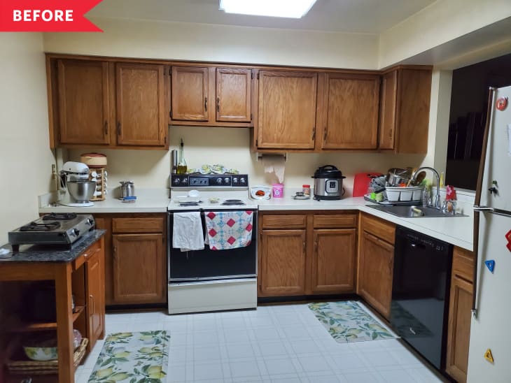Before: Dated kitchen with dark brown cabinetry and old appliances