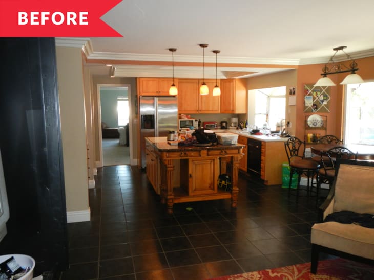 kitchen before renovation wood counters black square floor tiles