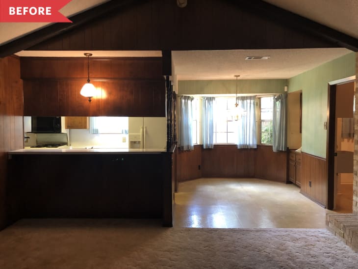 Before: Dated, dimly lit kitchen and dining room