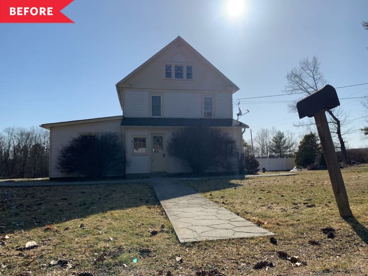 Before: Old yellowish farmhouse and mailbox