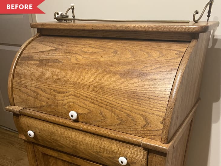 Before: roll-top wood desk with yellowy wood stain