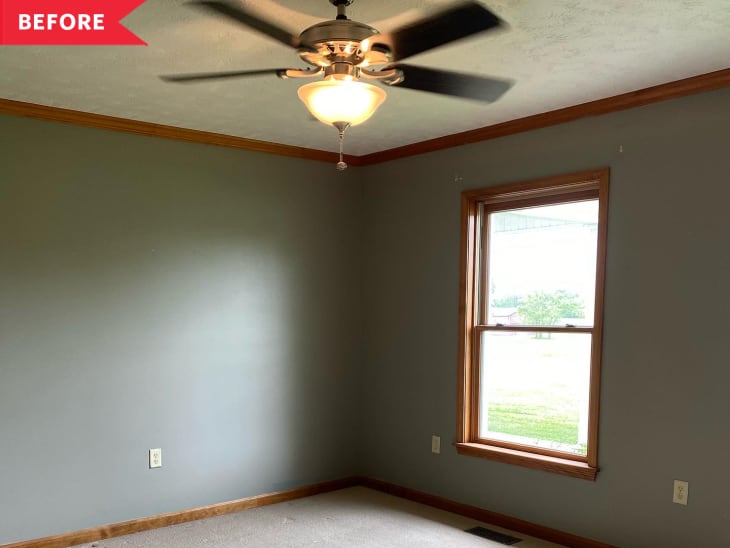 Before: Carpeted bedroom with green walls, brown trim, and dated ceiling fan