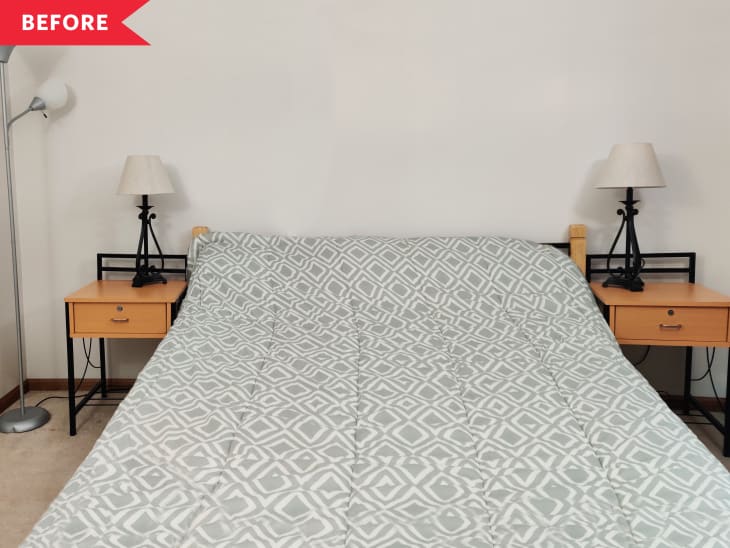 Before: bed against a plain off-white wall, with nightstands on each side