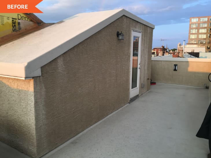 Before: roof deck with tan stucco finish on walls